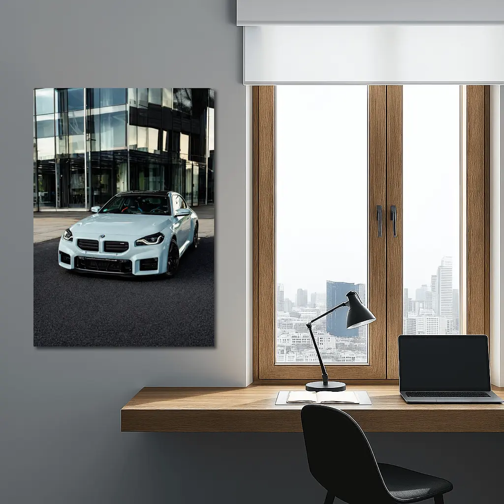 BMW M2 White Parked Outside Glass Building – Wall Art