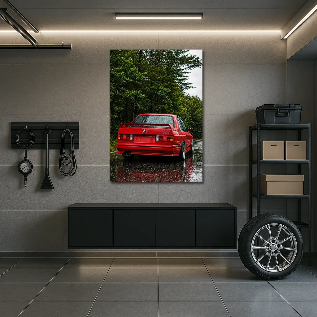 BMW M3 Red Wet Road Forest – Wall Art