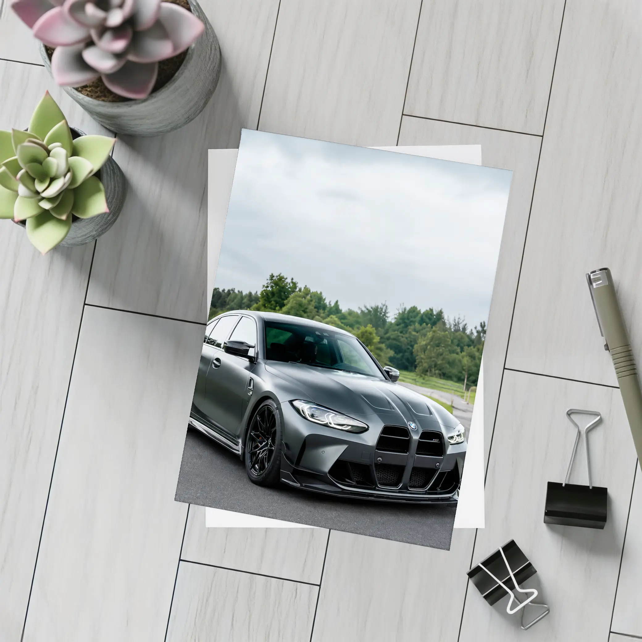 BMW M3 Matte Gray Sedan Overcast Forest – Postcards