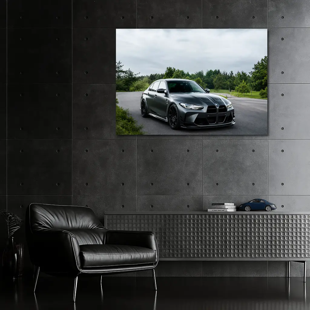 BMW M3 Matte Gray Sedan Overcast Forest – Wall Art