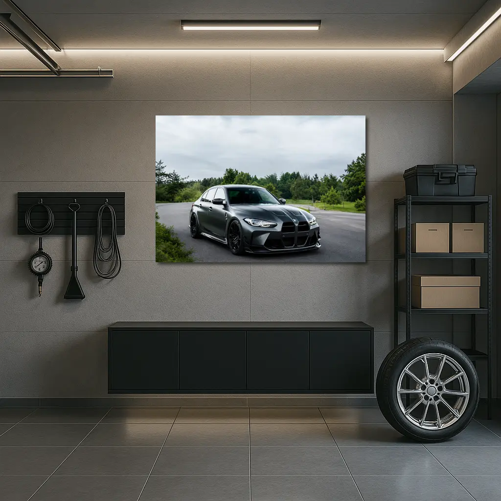 BMW M3 Matte Gray Sedan Overcast Forest – Wall Art