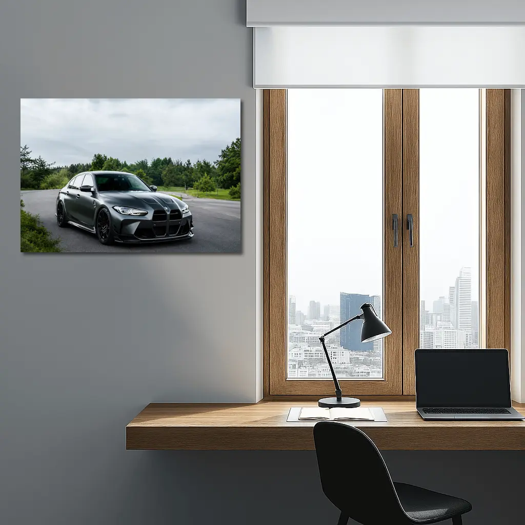 BMW M3 Matte Gray Sedan Overcast Forest – Wall Art