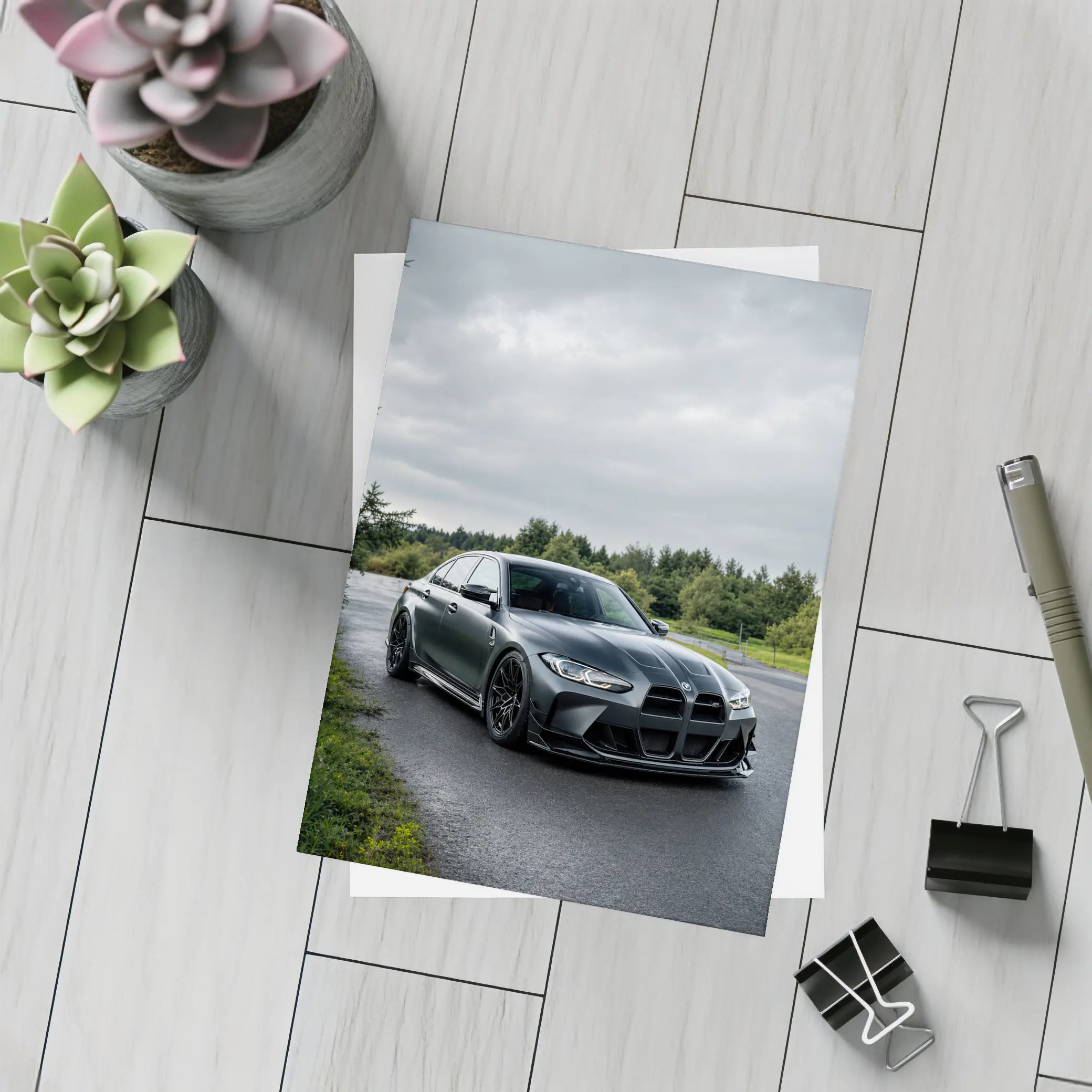 BMW M3 Matte Black Wet Road Overcast – Postcards