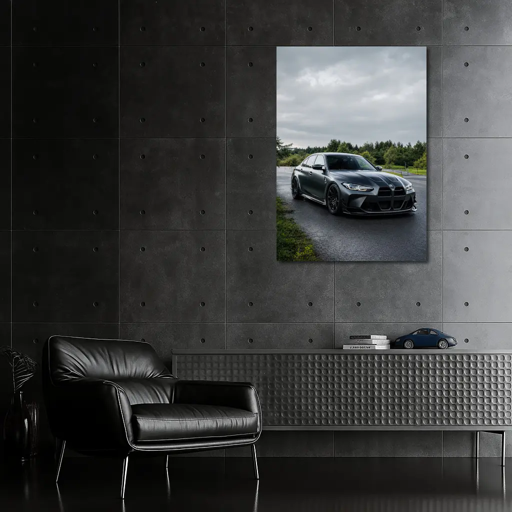 BMW M3 Matte Black Wet Road Overcast – Wall Art