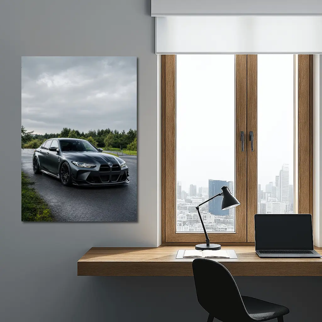 BMW M3 Matte Black Wet Road Overcast – Wall Art