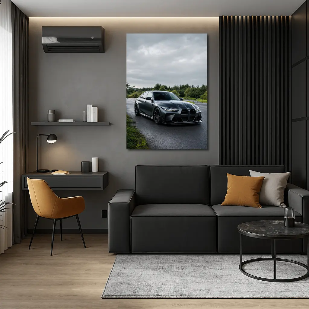 BMW M3 Matte Black Wet Road Overcast – Wall Art