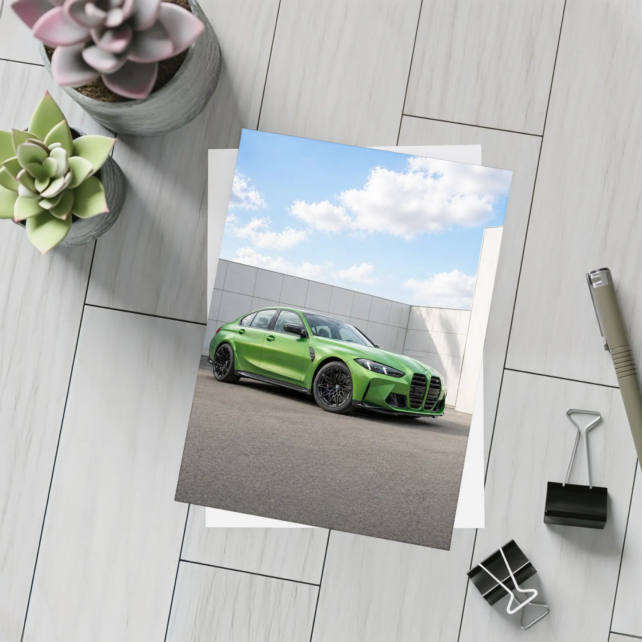 BMW M3 Green Sedan Urban Wall Background – Postcards