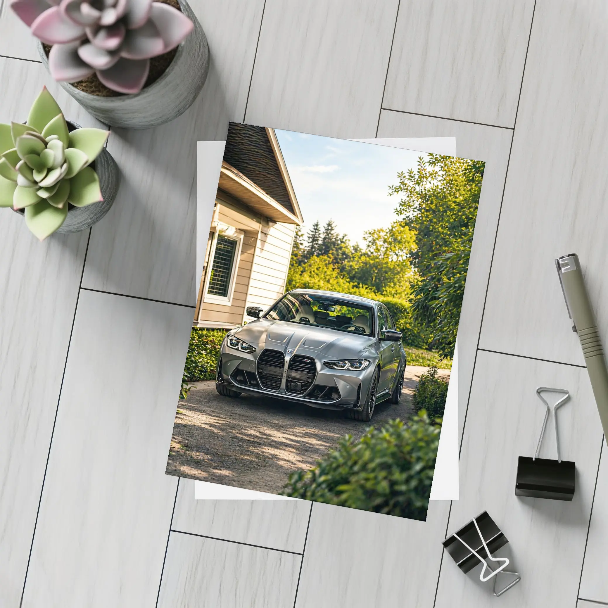 BMW M3 Grey Sedan Suburban Driveway – Postcards