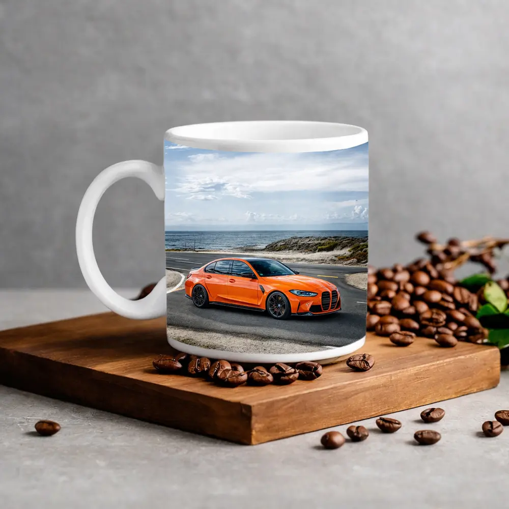 BMW M3 Orange Sedan Coastal Road Shot – Mugs