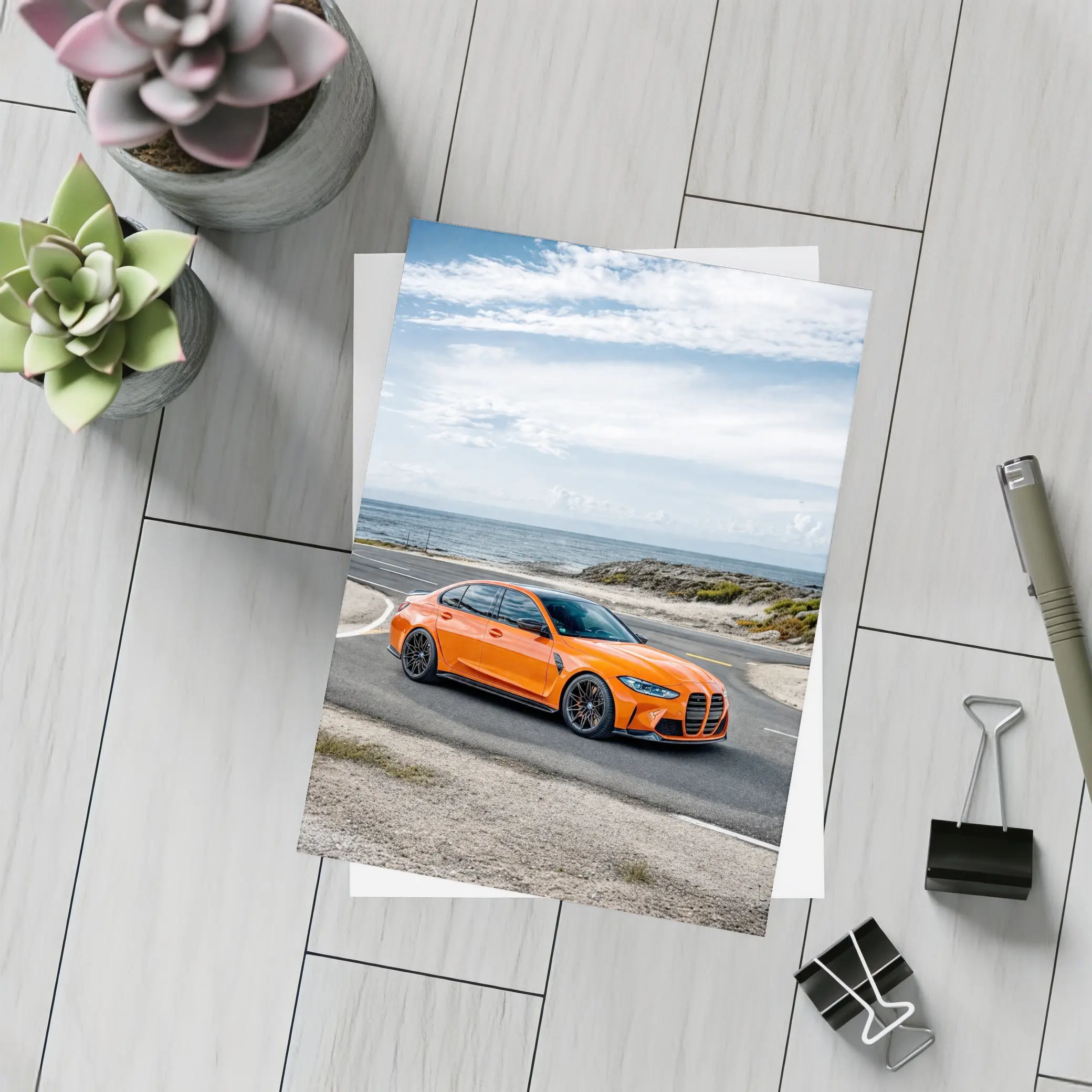 BMW M3 Orange Sedan Coastal Road Shot – Postcards