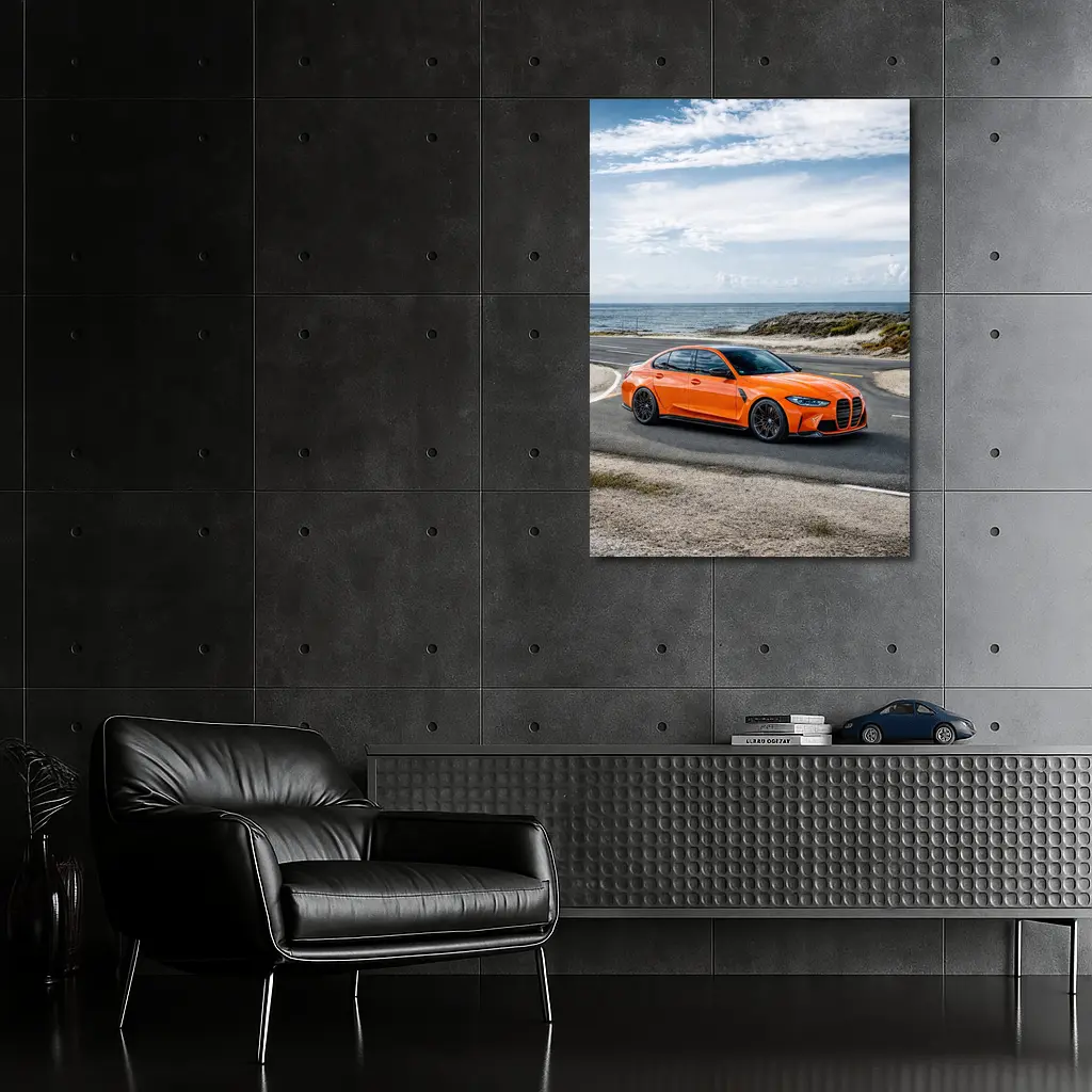 BMW M3 Orange Sedan Coastal Road Shot – Wall Art