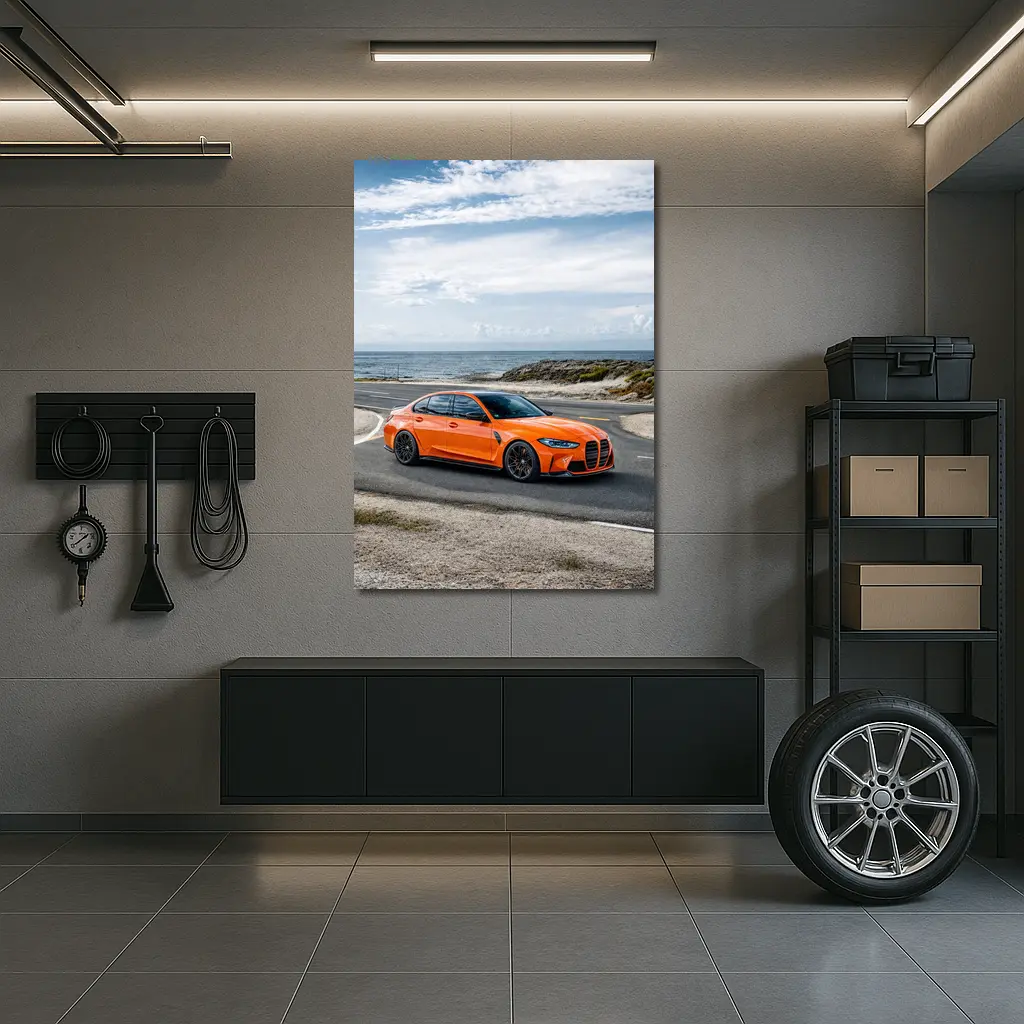 BMW M3 Orange Sedan Coastal Road Shot – Wall Art