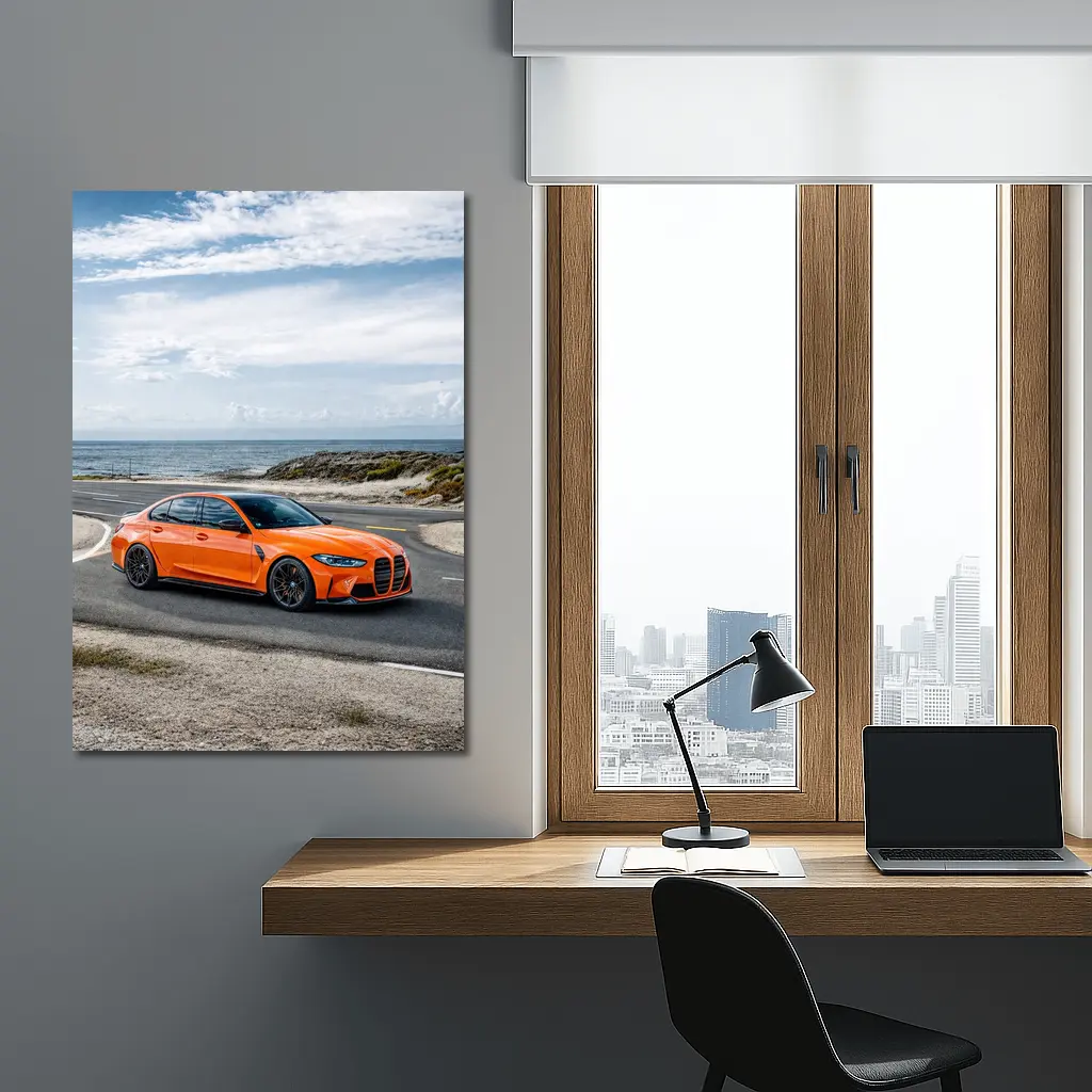 BMW M3 Orange Sedan Coastal Road Shot – Wall Art
