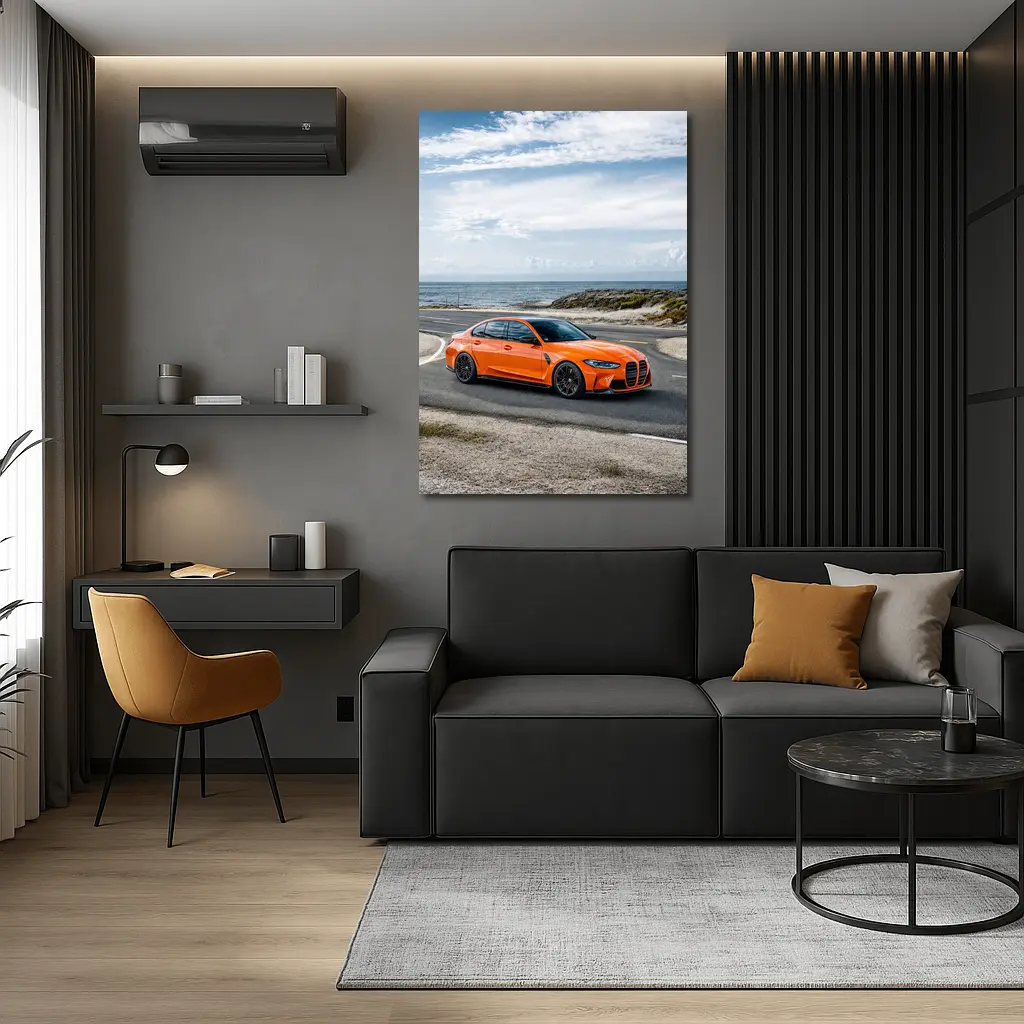 BMW M3 Orange Sedan Coastal Road Shot – Wall Art