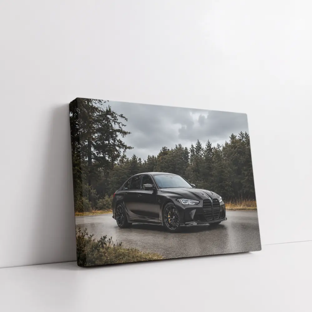 BMW M3 Black Sedan Rainy Forest Road – Wall Art