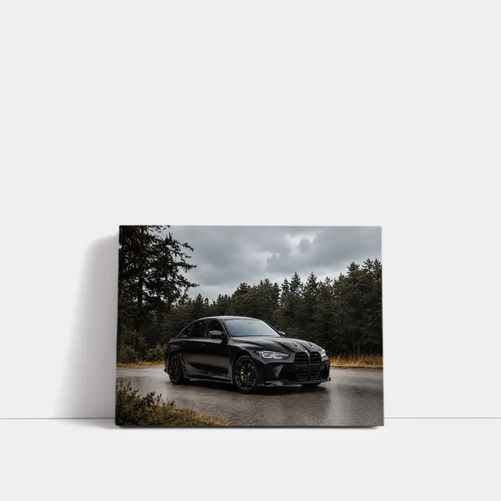 BMW M3 Black Sedan Rainy Forest Road – Wall Art