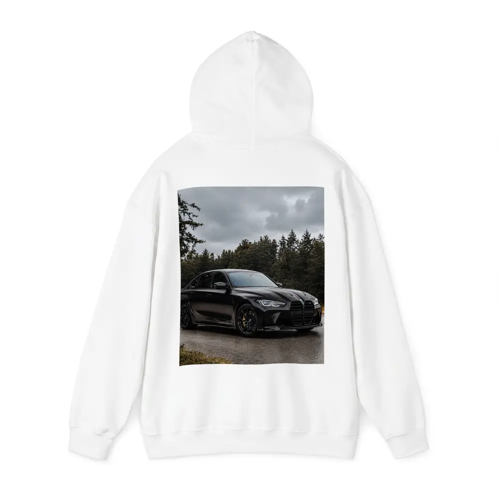 BMW M3 Black Sedan Rainy Forest Road – Hoodies