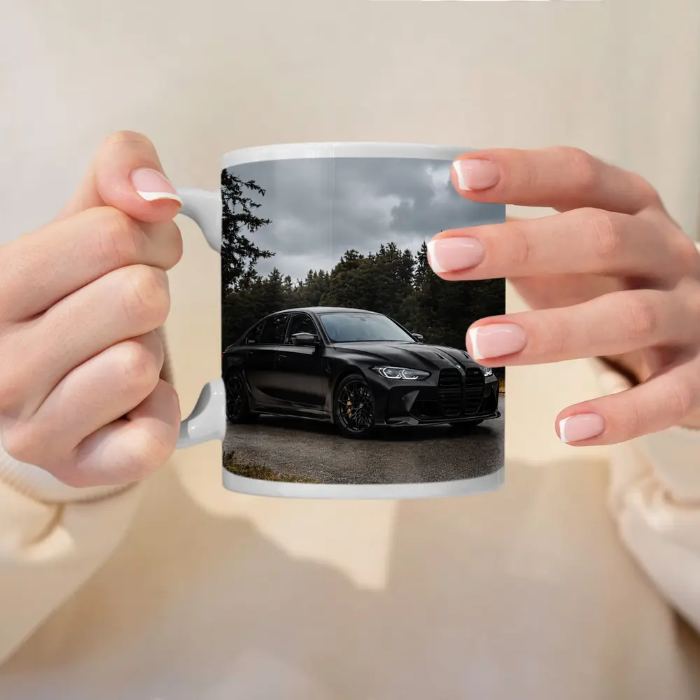 BMW M3 Black Sedan Rainy Forest Road – Mugs