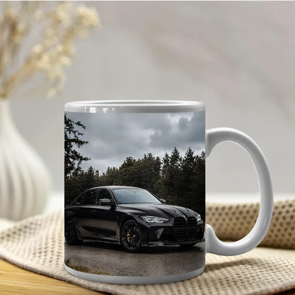 BMW M3 Black Sedan Rainy Forest Road – Mugs