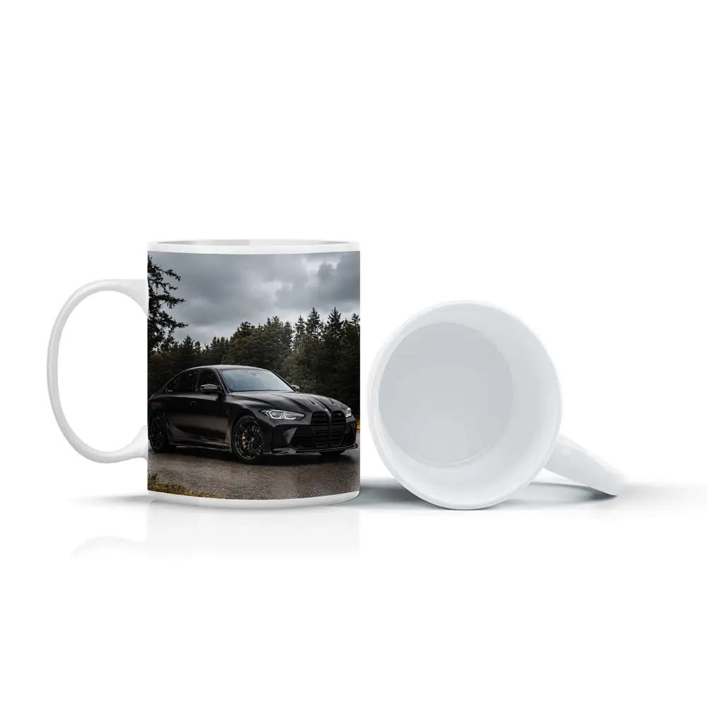 BMW M3 Black Sedan Rainy Forest Road – Mugs