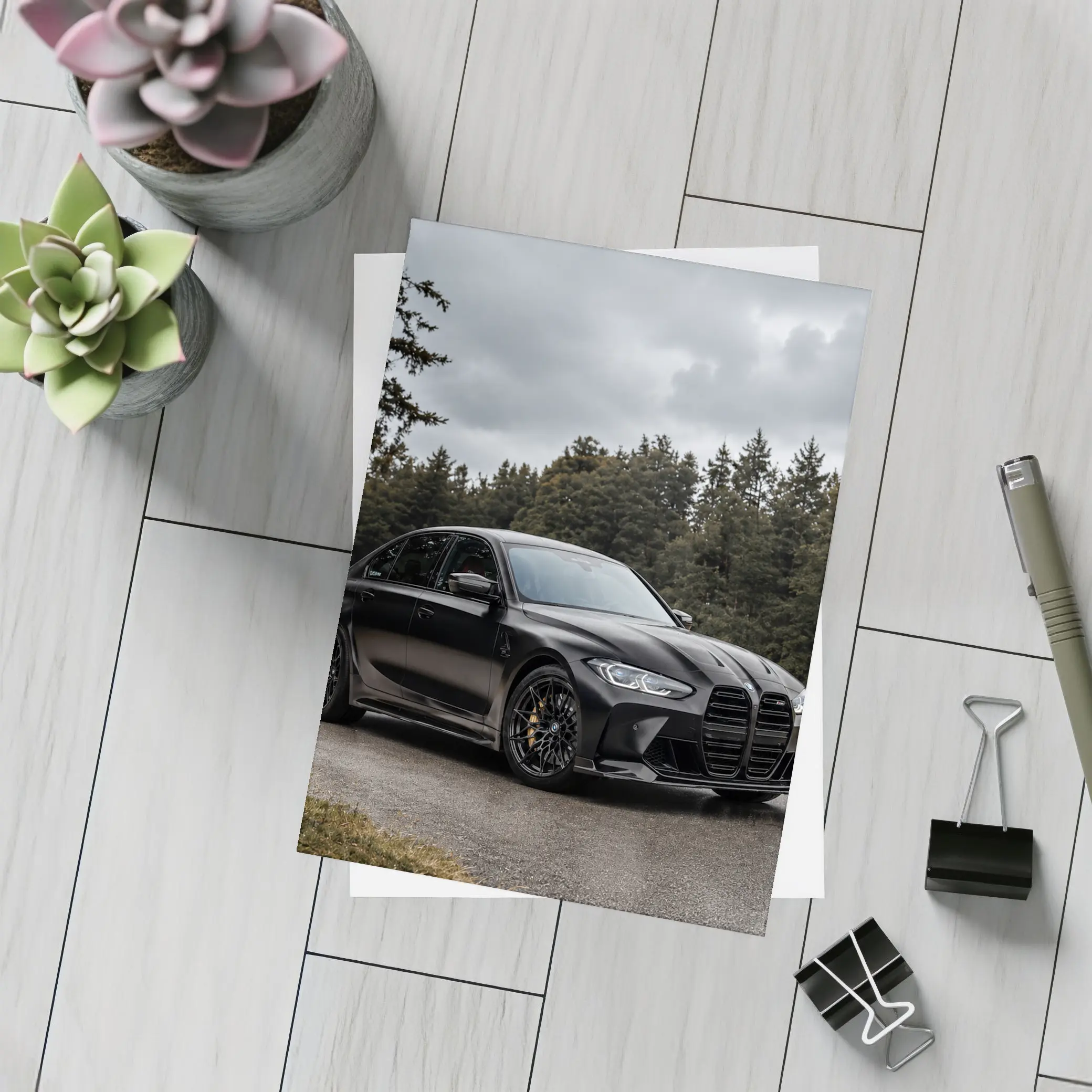 BMW M3 Black Sedan Rainy Forest Road – Postcards