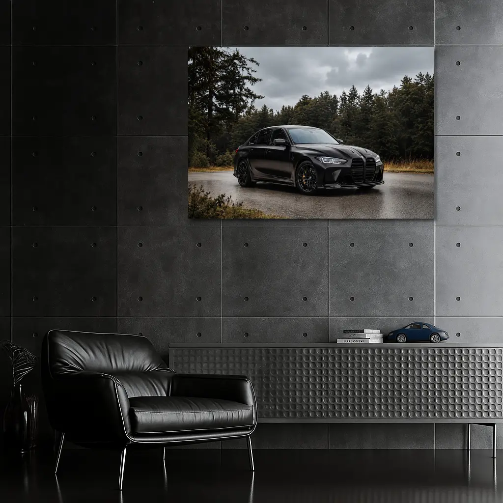 BMW M3 Black Sedan Rainy Forest Road – Wall Art