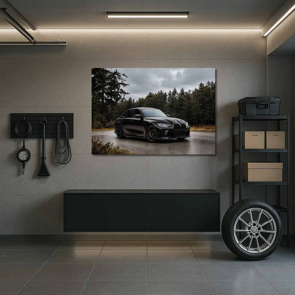 BMW M3 Black Sedan Rainy Forest Road – Wall Art