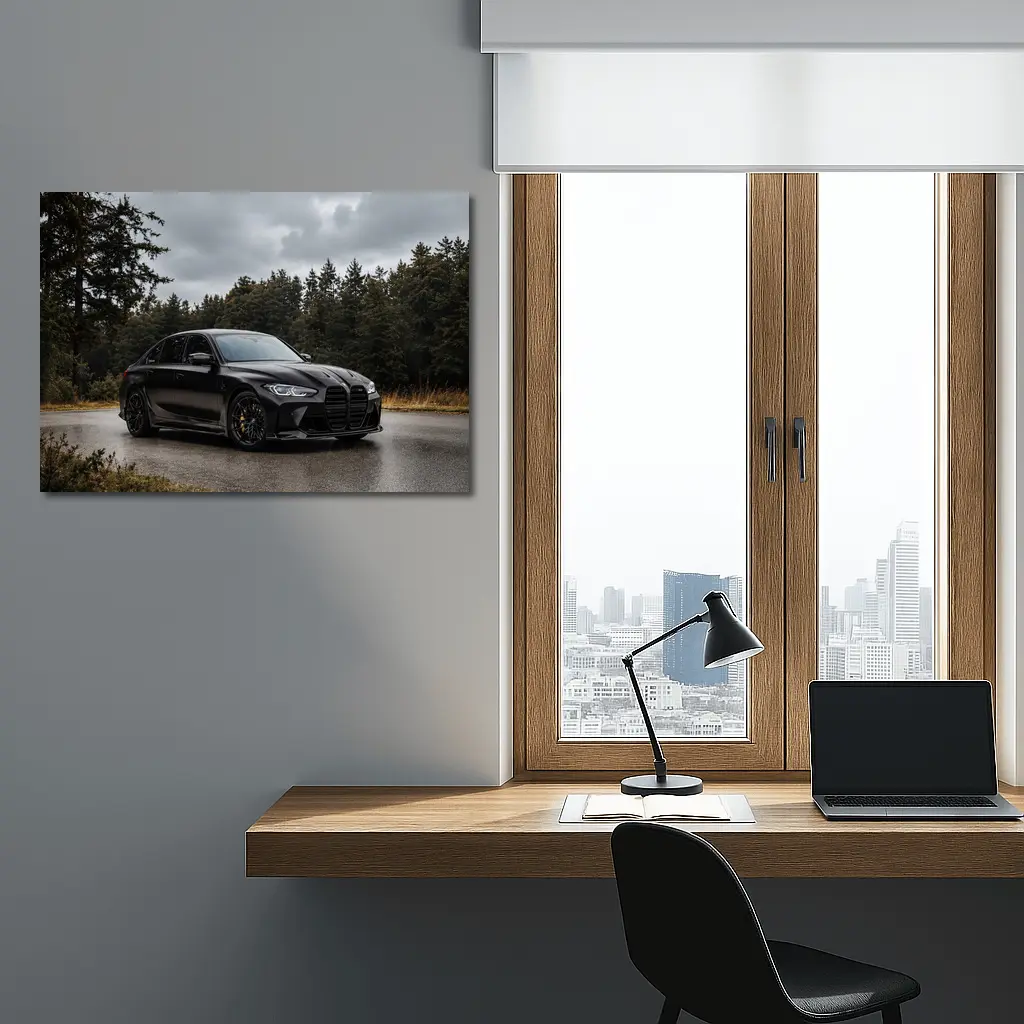 BMW M3 Black Sedan Rainy Forest Road – Wall Art