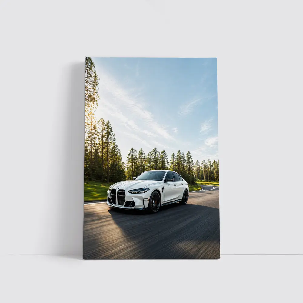 BMW M3 White Sedan on Forest Road – Wall Art
