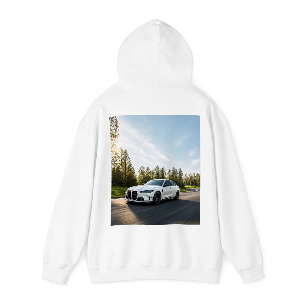 BMW M3 White Sedan on Forest Road – Hoodies
