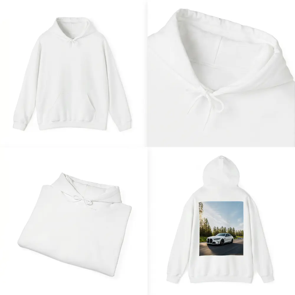 BMW M3 White Sedan on Forest Road – Hoodies