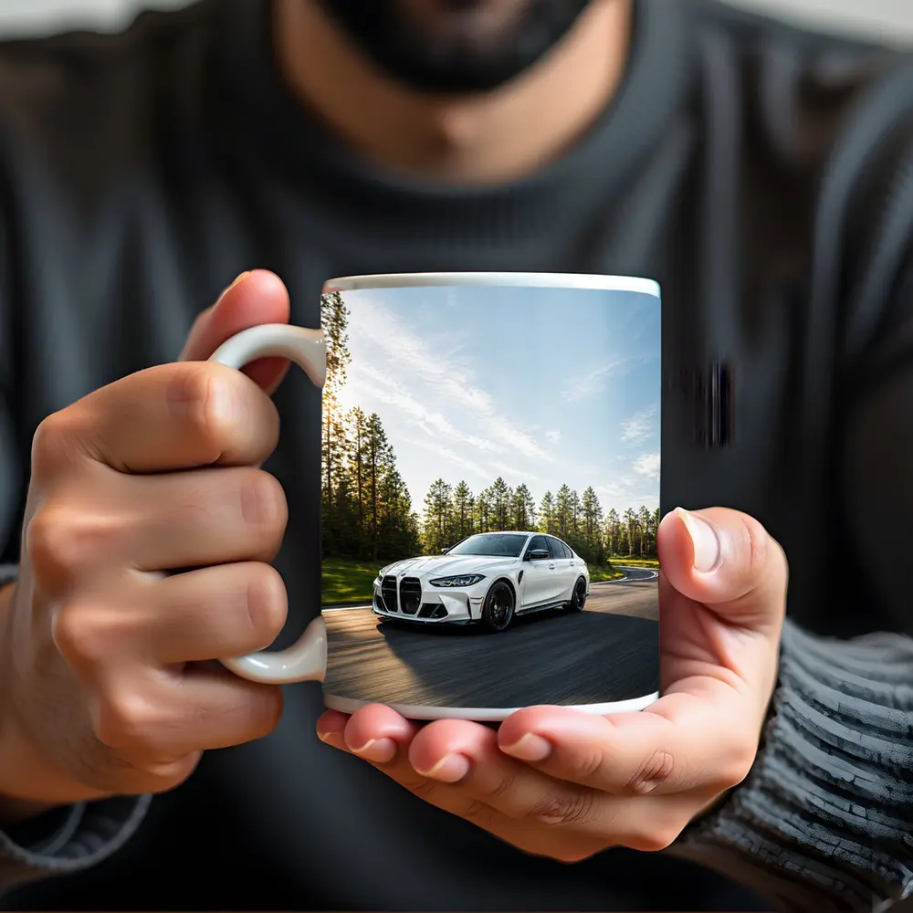 BMW M3 White Sedan on Forest Road – Mugs