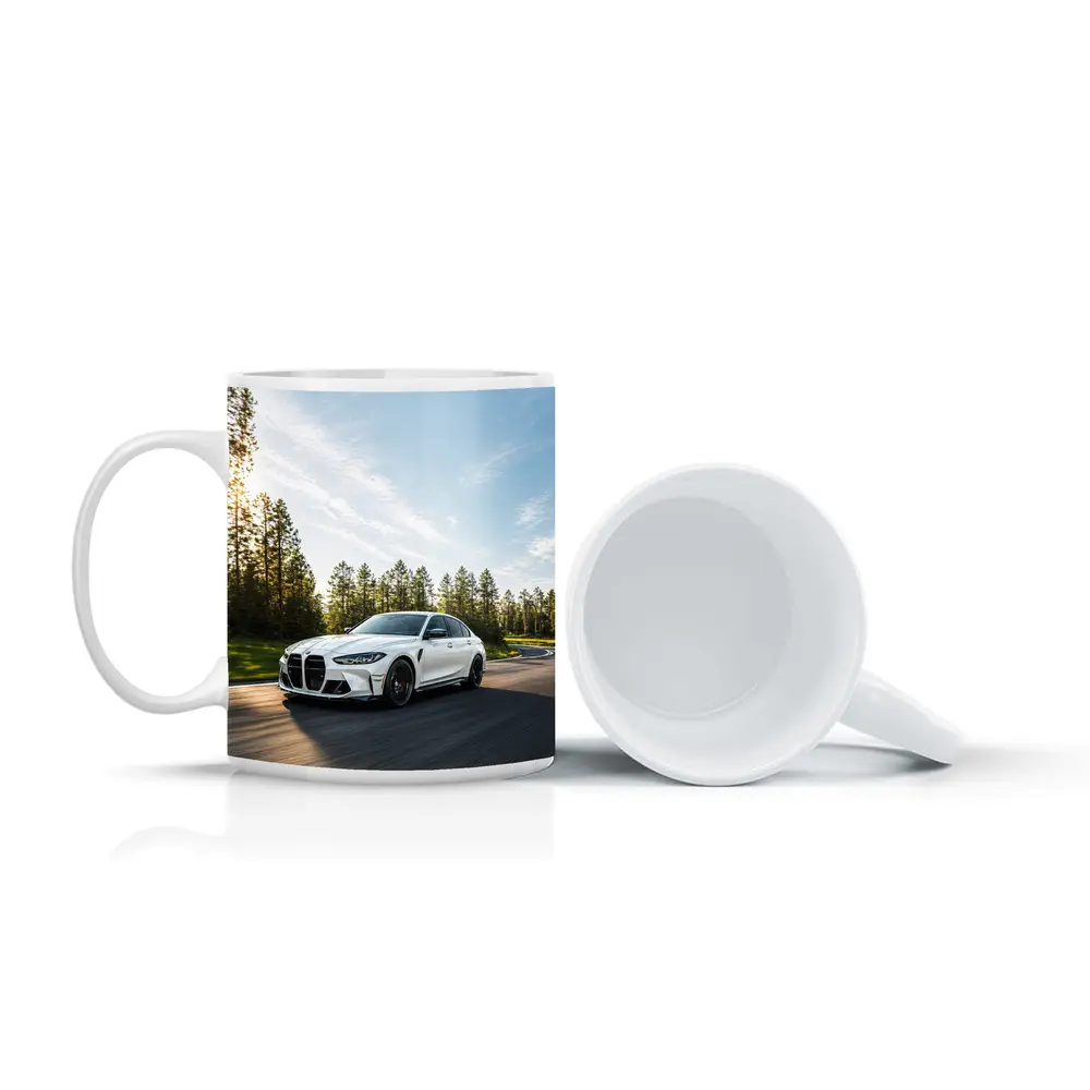 BMW M3 White Sedan on Forest Road – Mugs