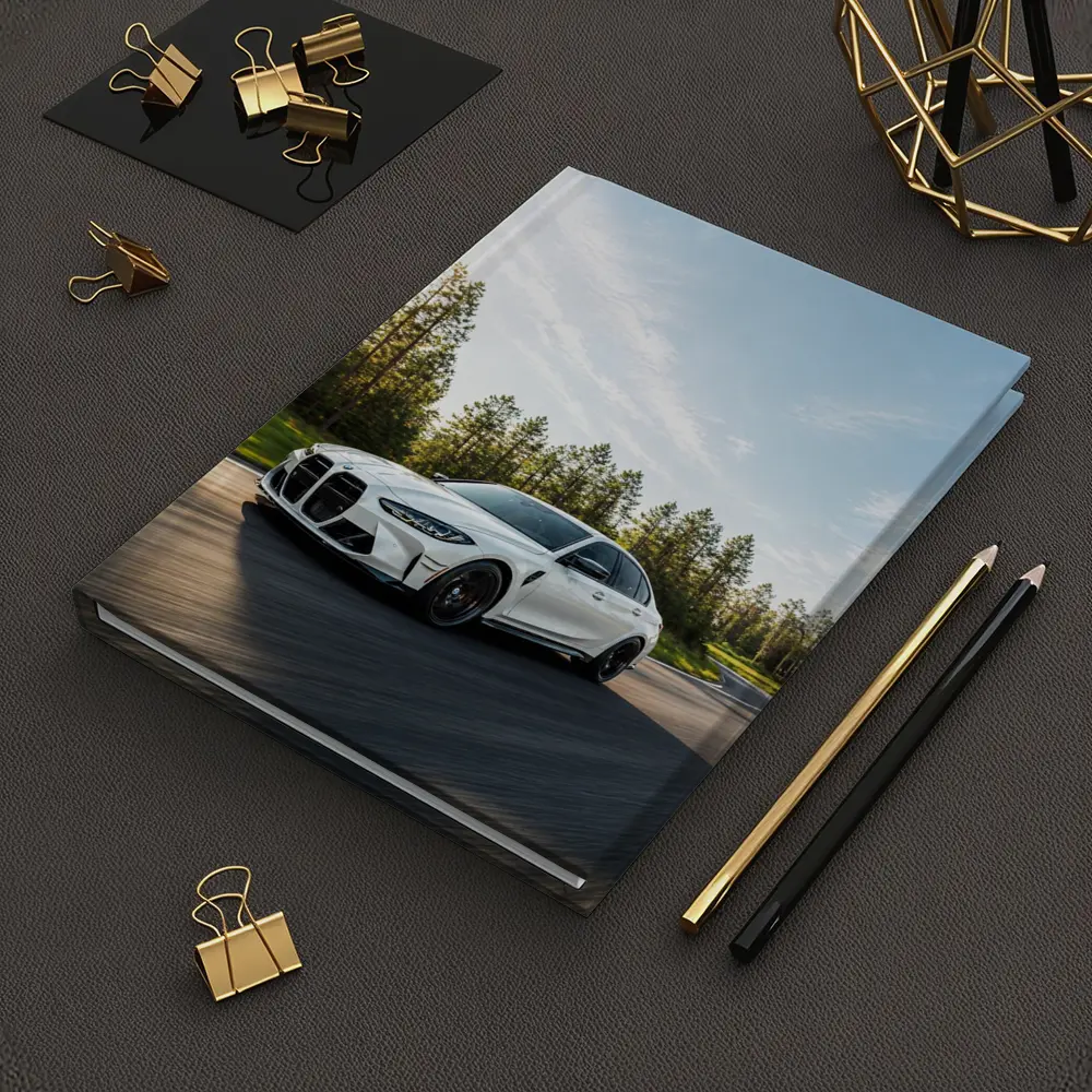 BMW M3 White Sedan on Forest Road – Notebooks