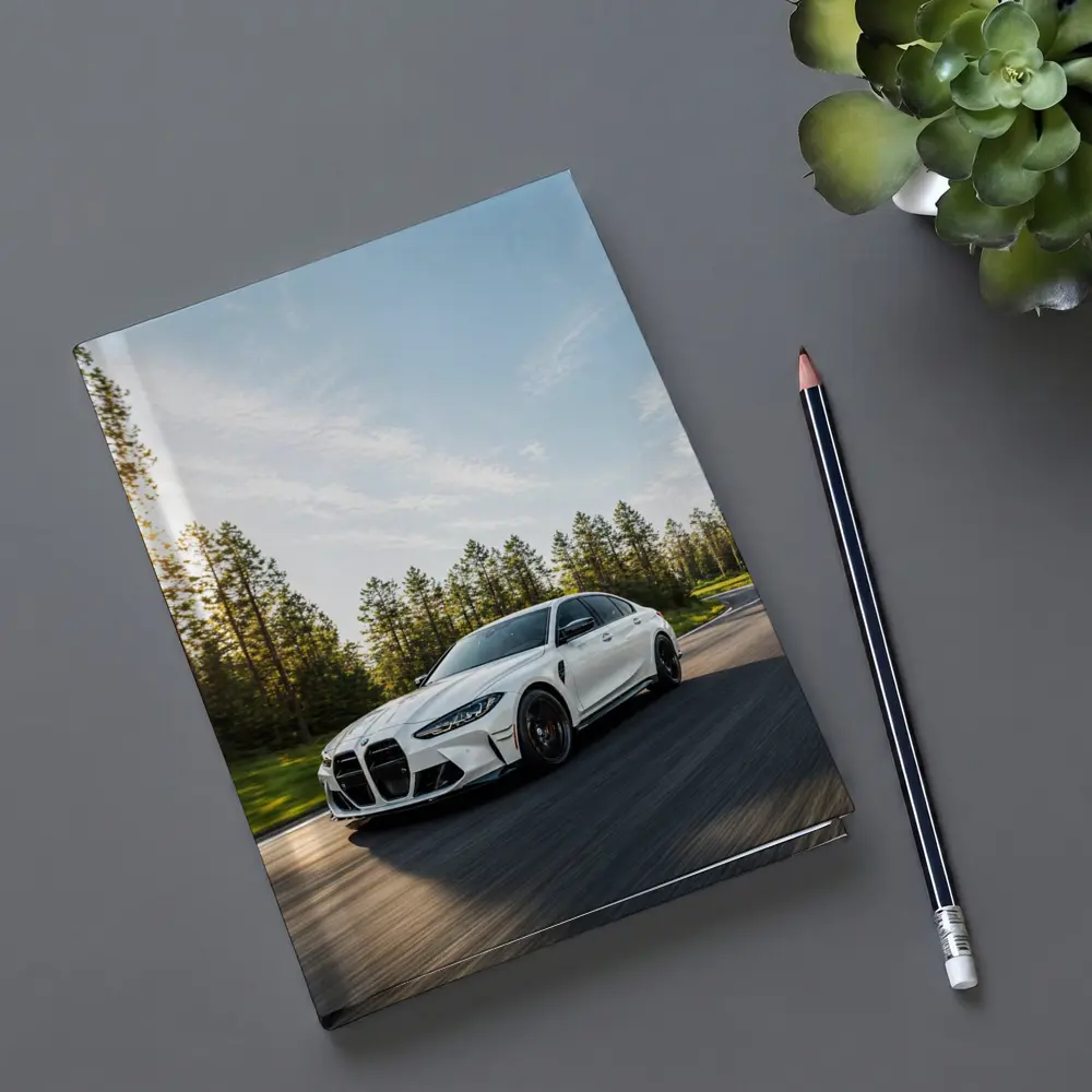 BMW M3 White Sedan on Forest Road – Notebooks