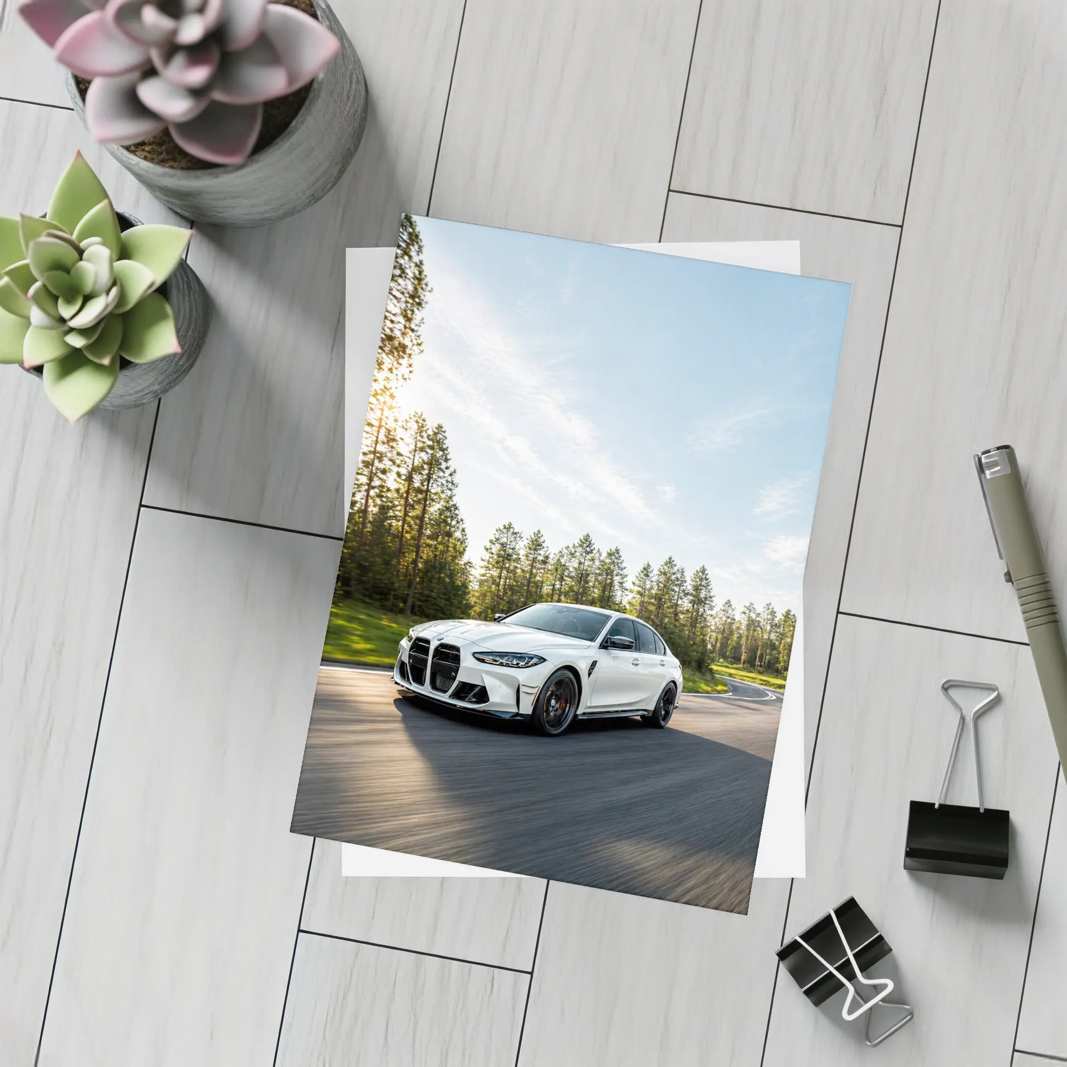 BMW M3 White Sedan on Forest Road – Postcards