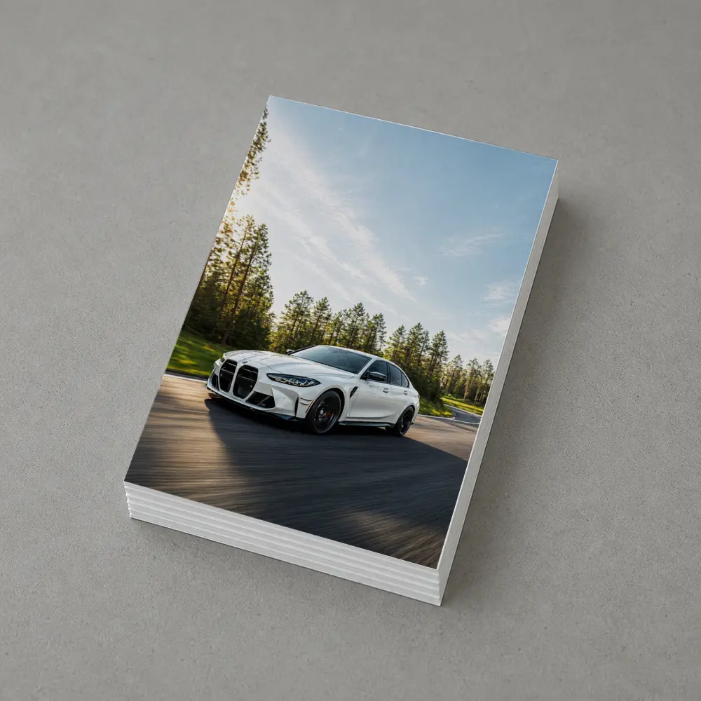 BMW M3 White Sedan on Forest Road – Postcards