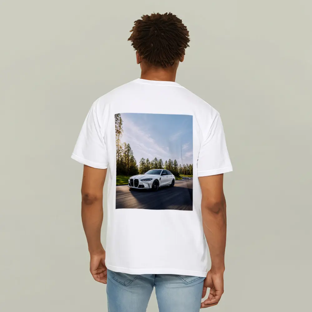 BMW M3 White Sedan on Forest Road – T-Shirts