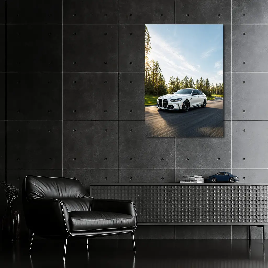BMW M3 White Sedan on Forest Road – Wall Art