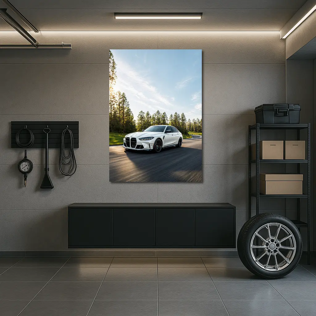 BMW M3 White Sedan on Forest Road – Wall Art