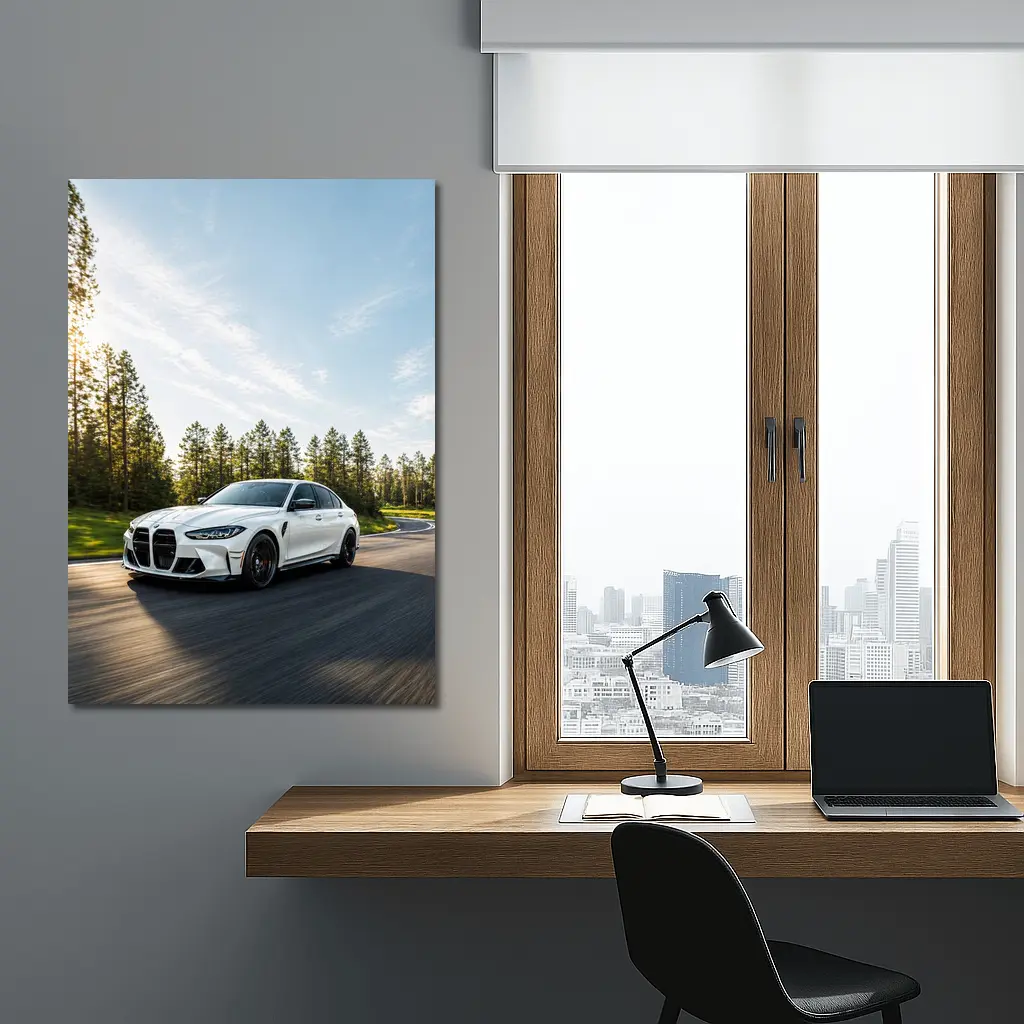 BMW M3 White Sedan on Forest Road – Wall Art