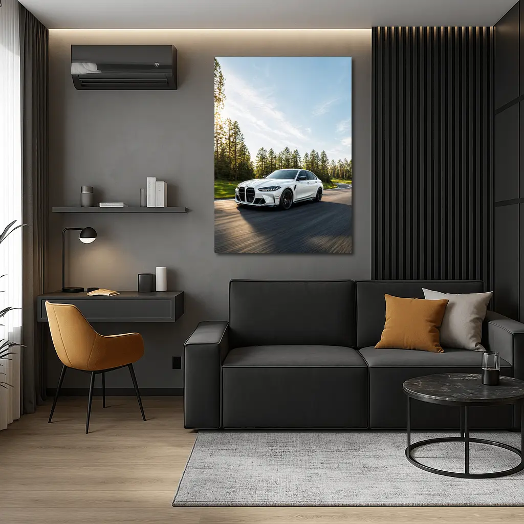 BMW M3 White Sedan on Forest Road – Wall Art