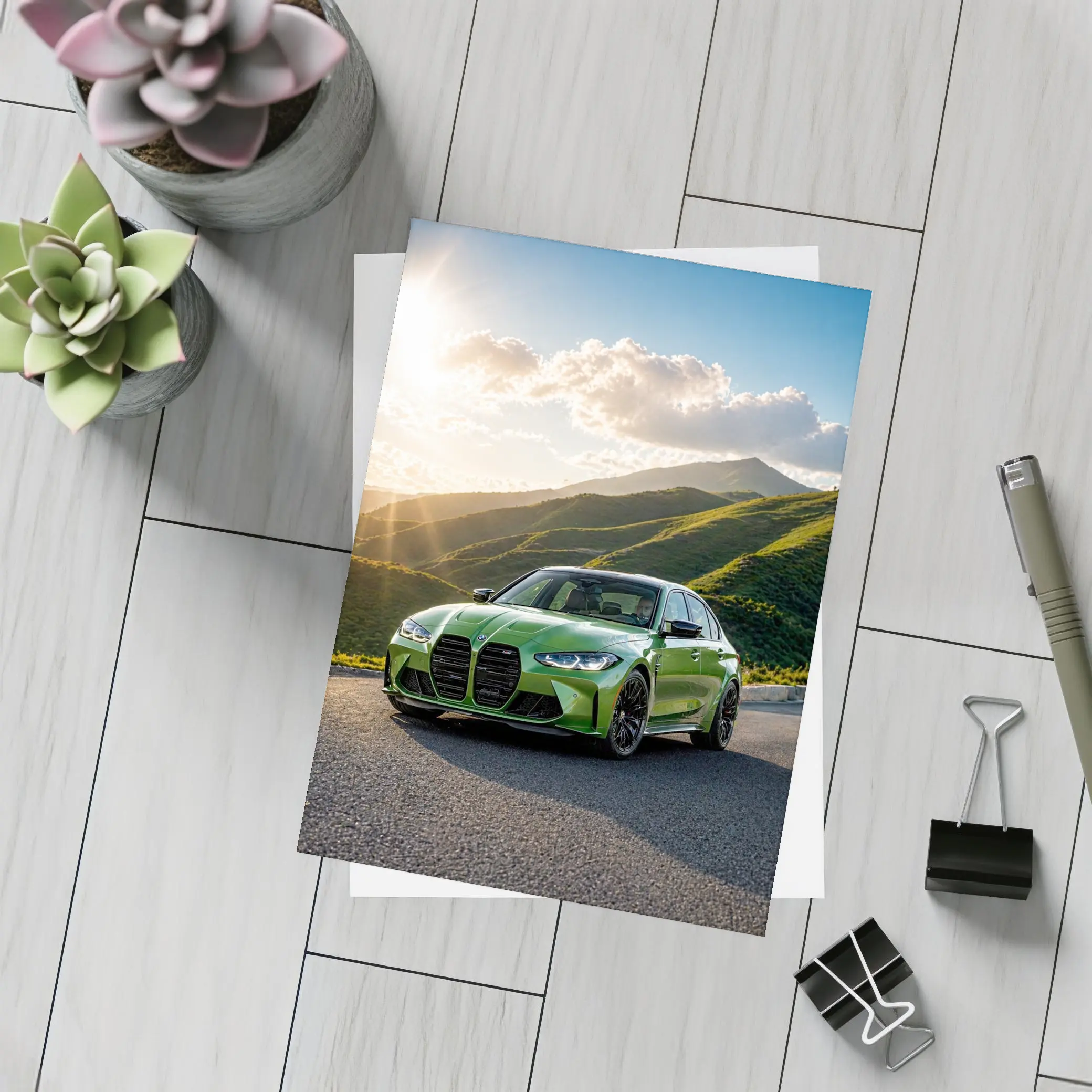 BMW M3 Green Sedan Mountain Sunset – Postcards