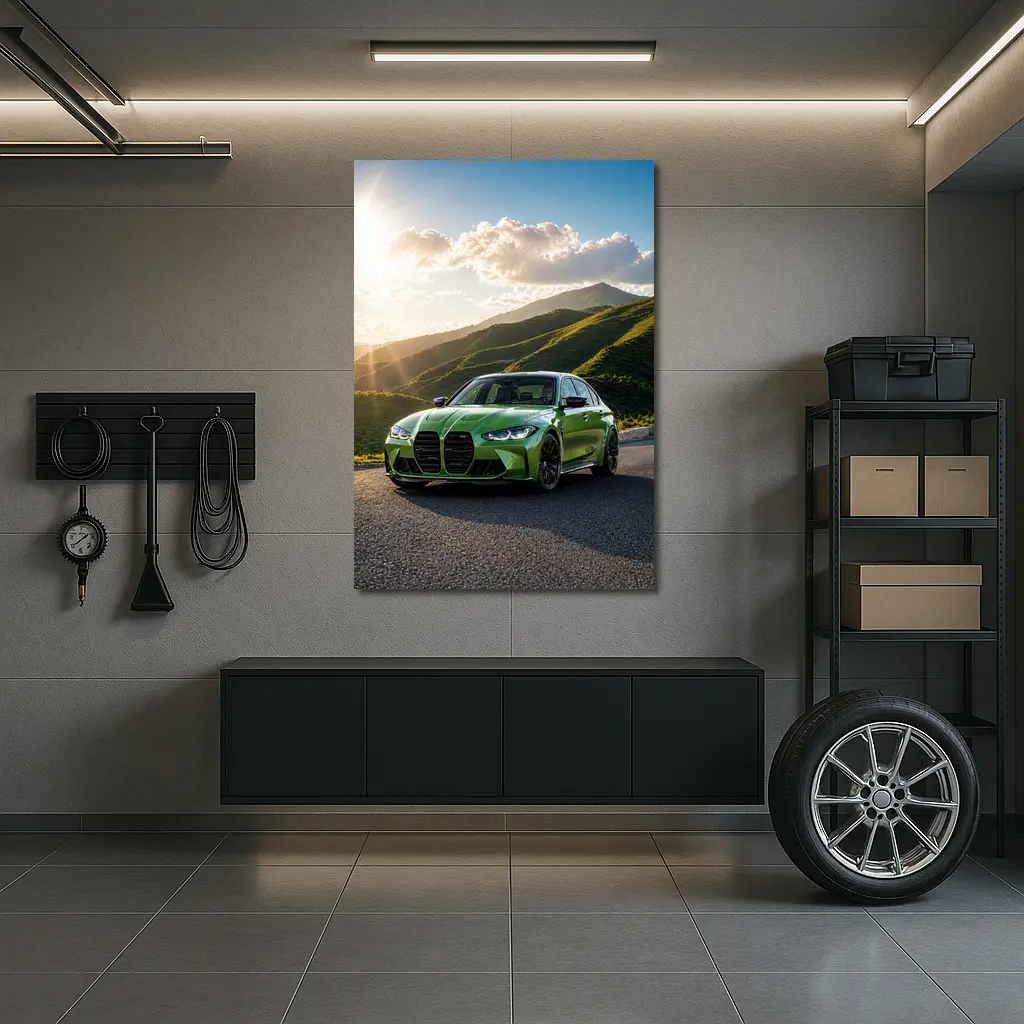 BMW M3 Green Sedan Mountain Sunset – Wall Art