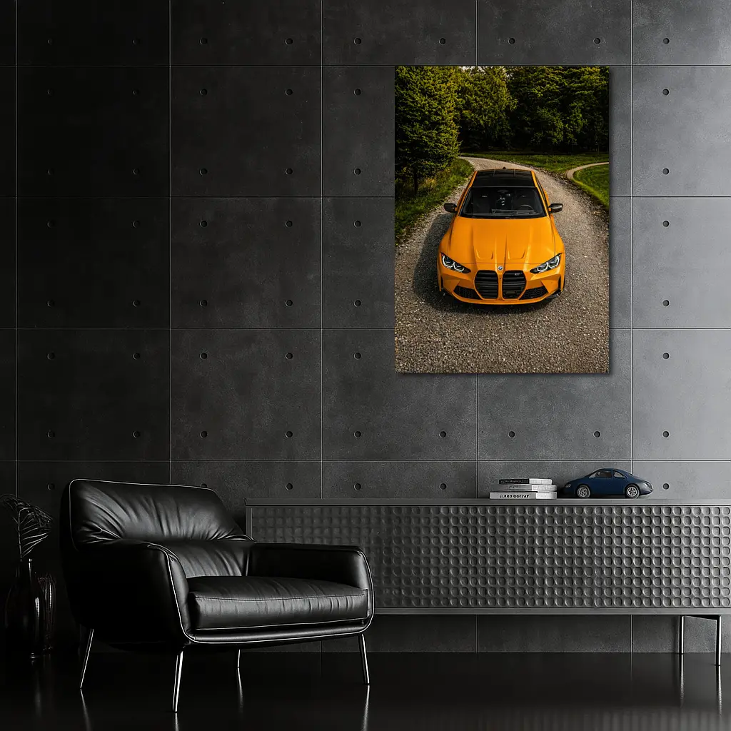 BMW M4 Orange Front View Gravel Road – Wall Art