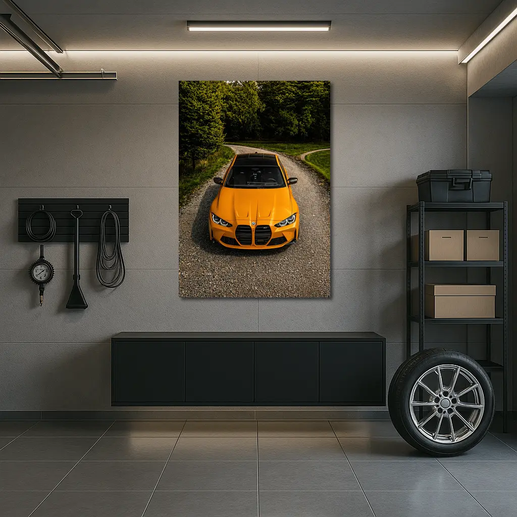 BMW M4 Orange Front View Gravel Road – Wall Art