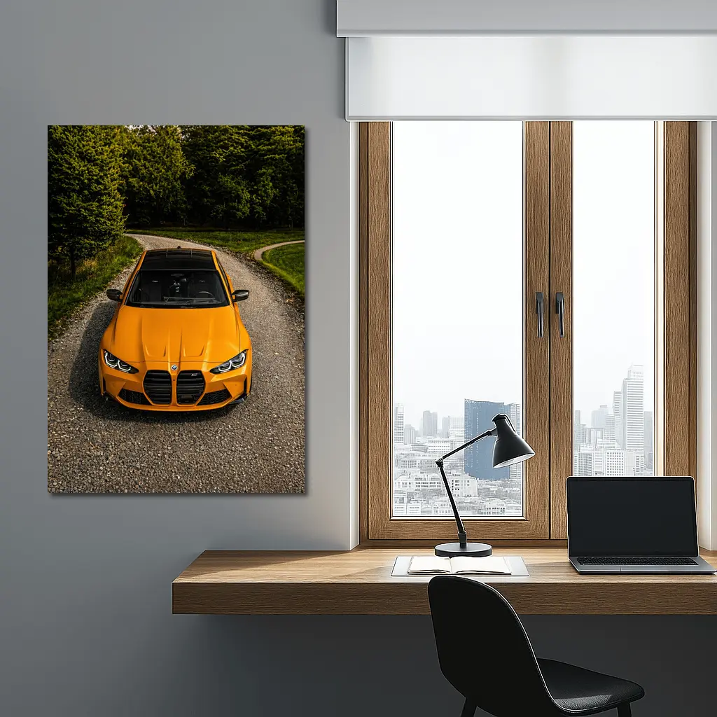 BMW M4 Orange Front View Gravel Road – Wall Art