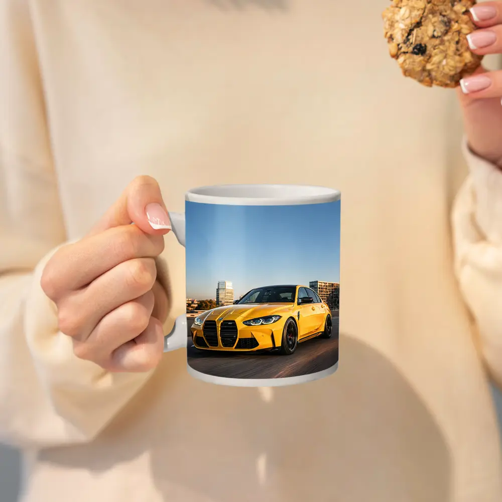 BMW M3 Yellow Sedan City Street Shot – Mugs