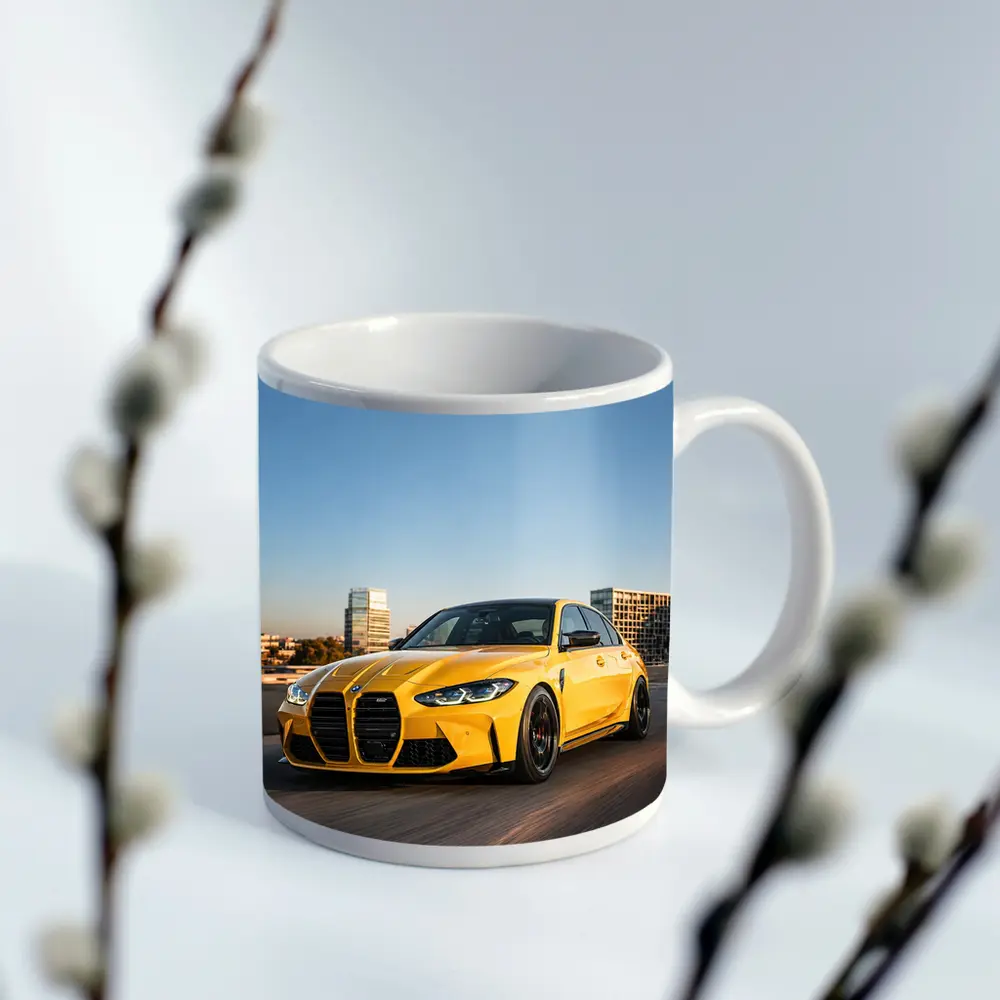 BMW M3 Yellow Sedan City Street Shot – Mugs