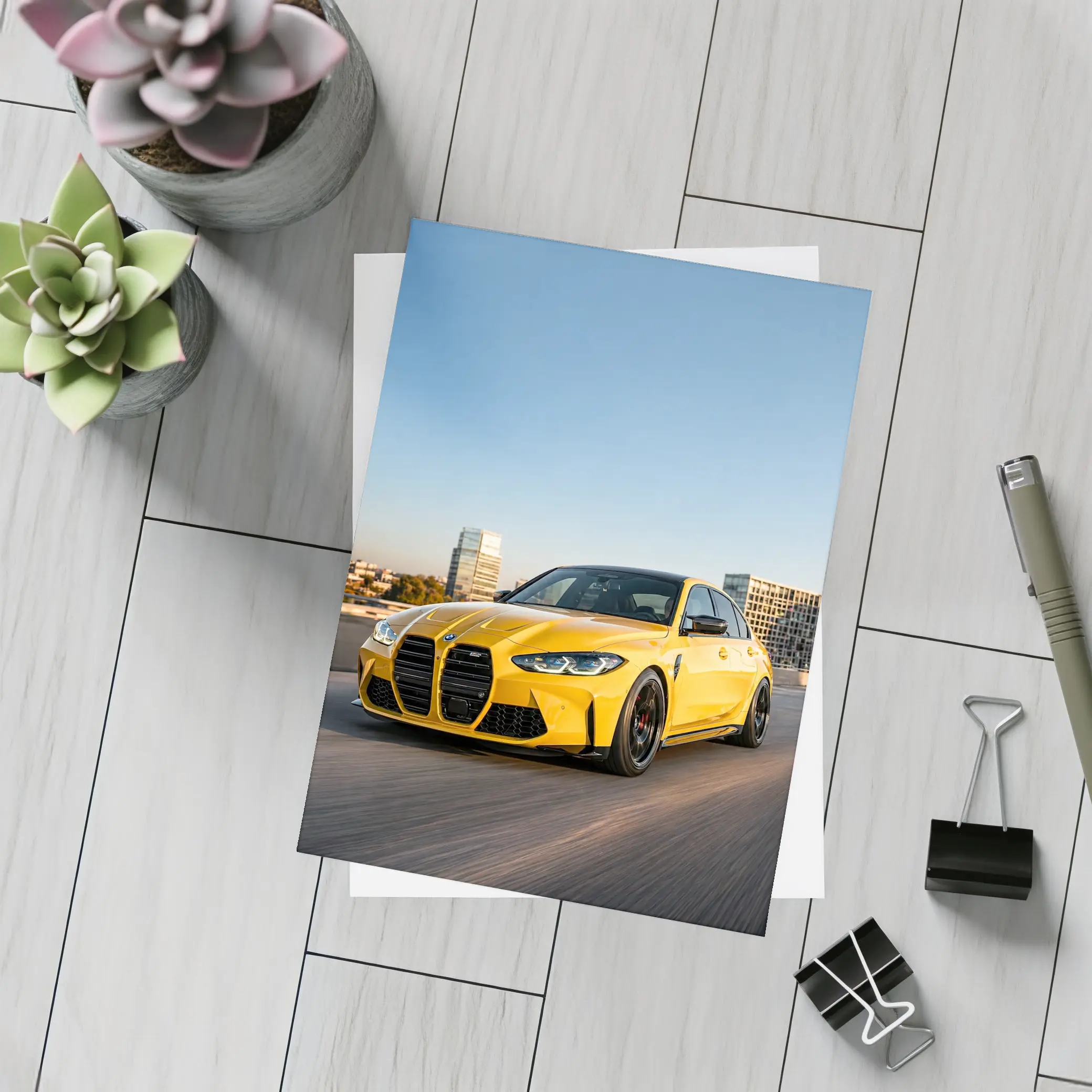 BMW M3 Yellow Sedan City Street Shot – Postcards